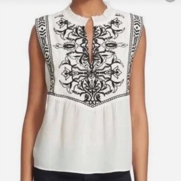 REBECCA TAYLOR Embroidered Silk Blouse Womens 10 Designer Quiet Luxury Layering - Picture 2 of 6